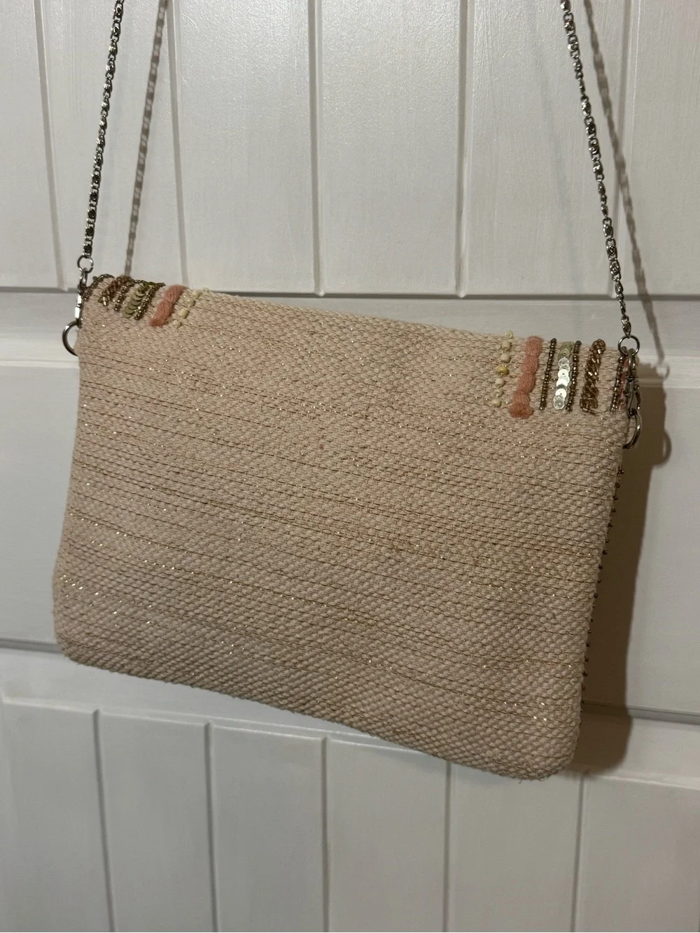 America & Beyond Embellished Pink & Cream Beaded Envelope Crossbody Bag/Clutch